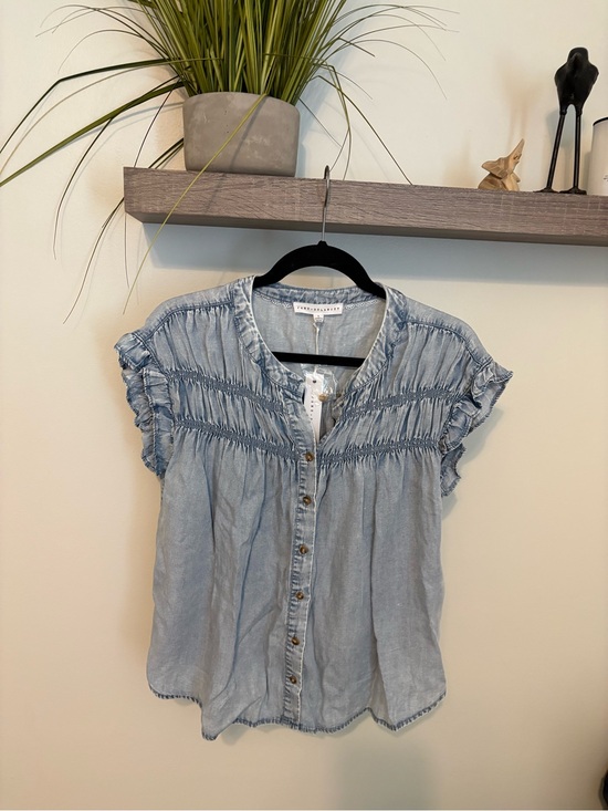 Jane and Delancey Tops - Jane and Delancey Light Blue Smocked Button-Front Chambray Top